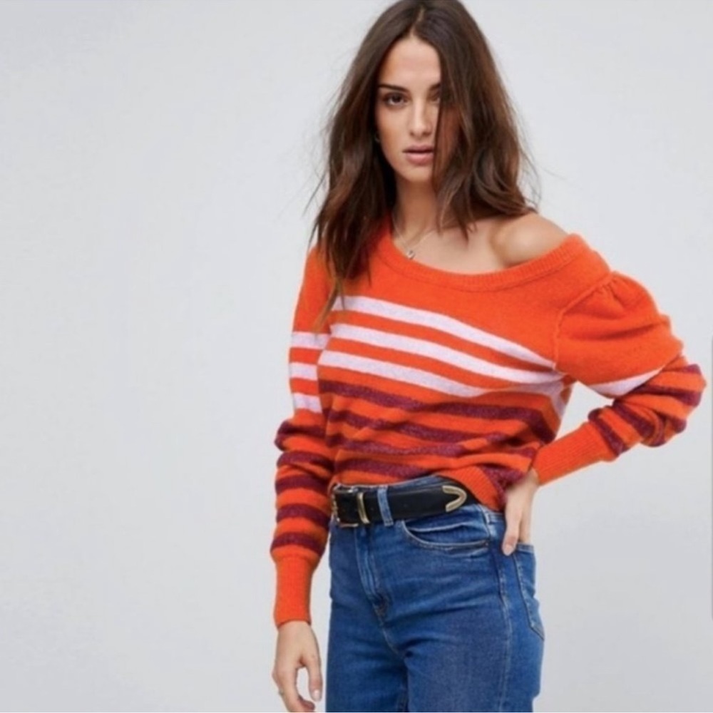 FREE PEOPLE Complete Me Orange Striped Cotton Alpaca Blend Knit Sweater M